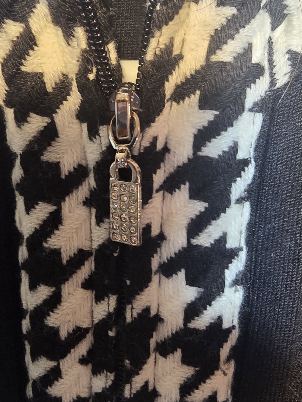 Belldini Houndstooth Ribbed Zip Sweater With Rhinestone Zipper Pulls - Picture 2 of 6